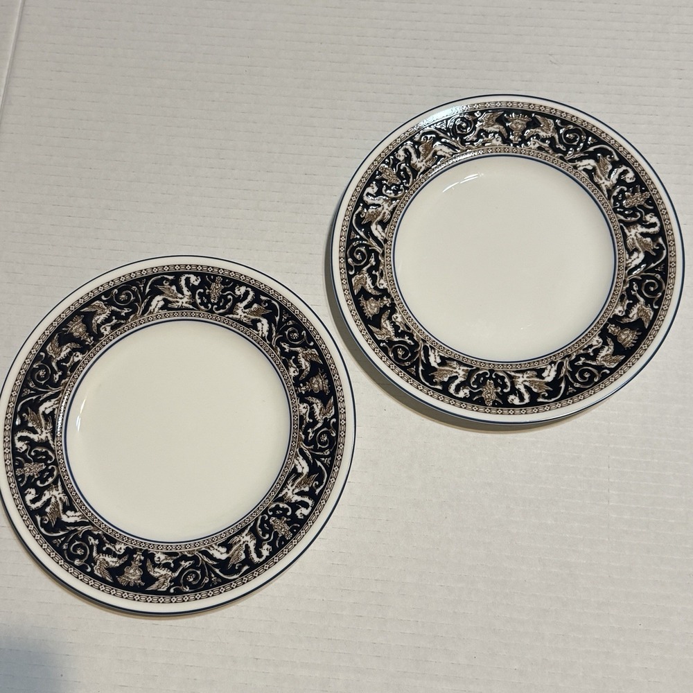 2 Wedgwood Florentine Dark Blue Bone China Salad Plates 8in Dragon Griffin Vtg